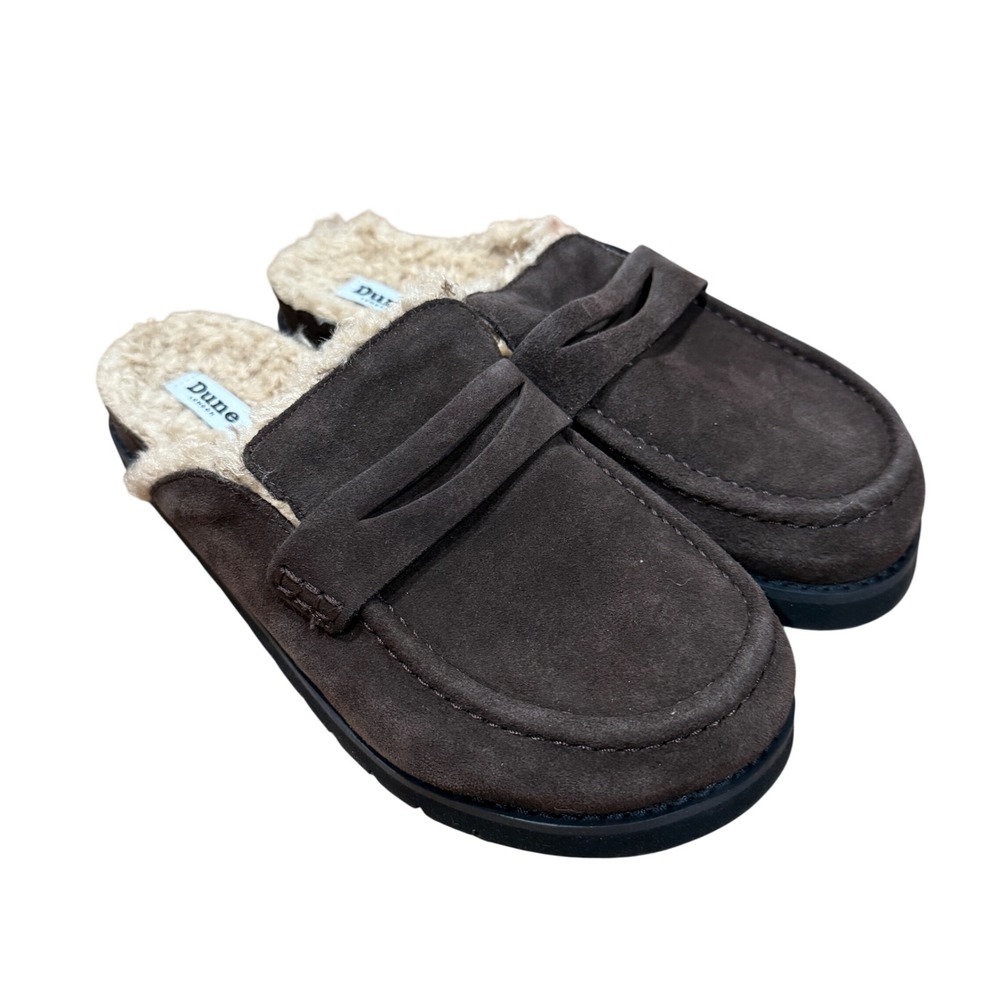 Dune London Goldy Brown Suede Faux Shearling Penny Loafer Mules Womens 39 US 9